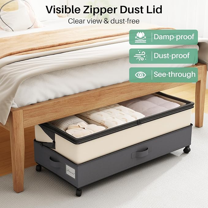 Kitstorack 4 Pack Height-adjustable Under Bed Storage with Wheels, Under Bed Storage Containers,Under Bed Shoe Storage Organizer with Clear Window&Label, Suitable for Clothes Storage, Beige & Gray - Image 5