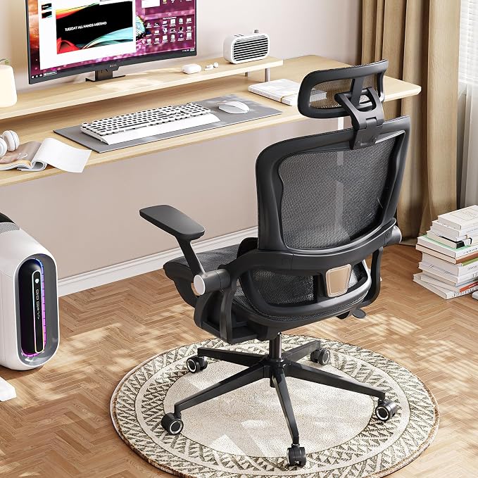 Office Chair Ergonomic Desk Chair with Lumbar Support&Headrest&Flip-up Arms Height Adjustable Rocking Swivel High Back Computer Chair Multi-Angle from 90° to 130° with 350LBS Capacity(04black) - Image 7