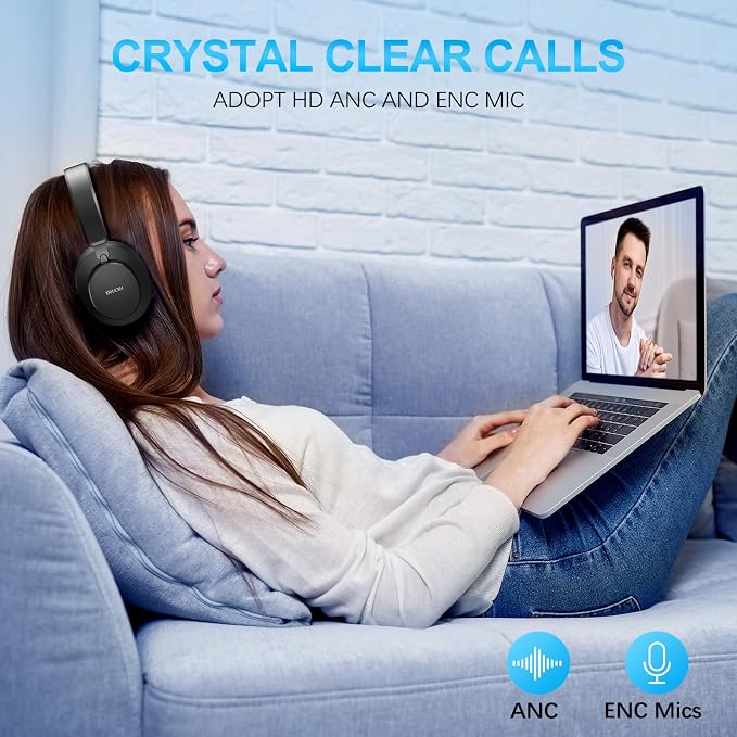 Over Ear Headphones Wireless Bluetooth, Noise Cancelling Headphones Bluetooth with Microphone, Cancelling Wireless Headphone Over Ear, 65h Playtime, Clear Calls, Comfort Fit For Travel (Black) - Image 4
