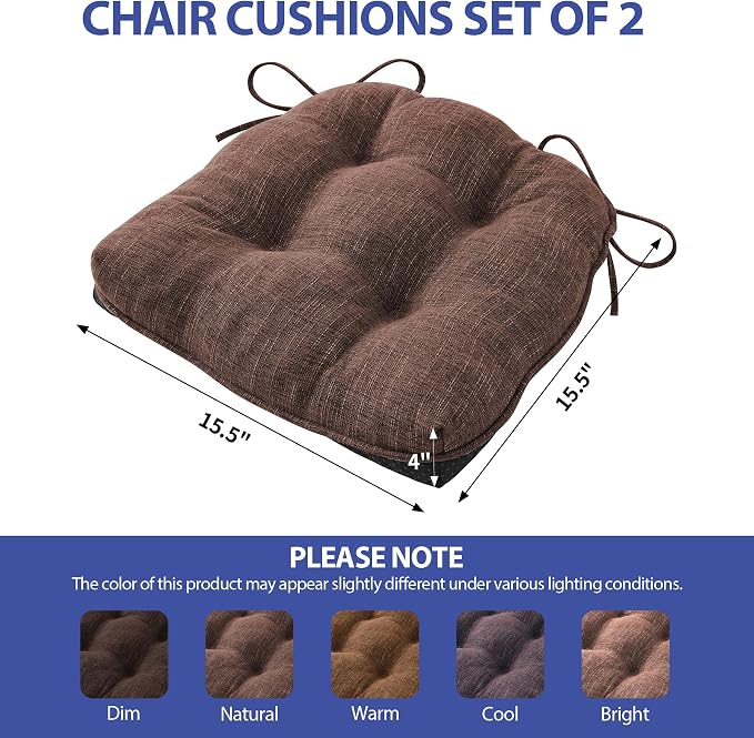 IPYNBAP Chair Cushions for Dining Chairs Set of 2, Kitchen Chair Cushions, Chair Pads with Ties and Non Slip Backing, Tufted Memory Foam Seat Cushion 2 Pack, 15.5" x 15.5" x 4", Brown - Image 3