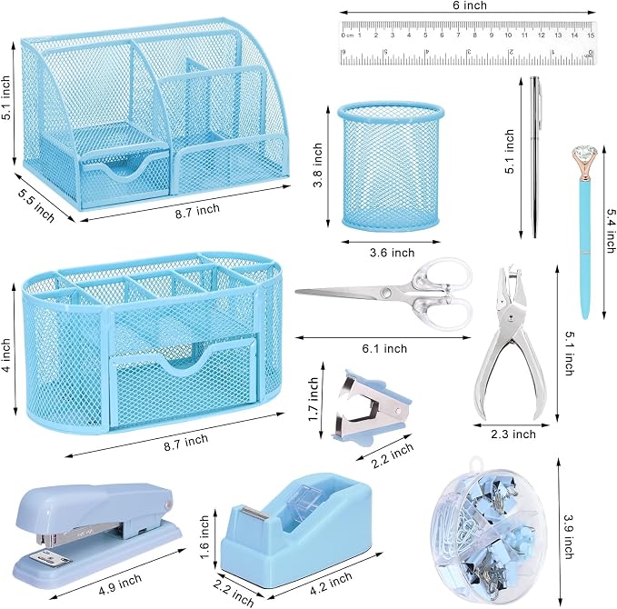 17 IN 1 Office Desk Organizer Set for Back to School Supplies Accessories | 3 Office Desk Storage Organization, 4 Pens, Stapler, Staples & Remover, Tape & Dispenser, Scissors, Ruler, Clips, Hole Punch - Image 2