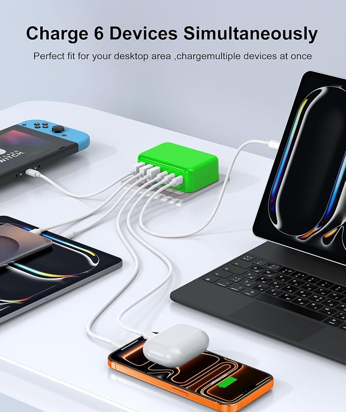 Fast Charger Block, GaN 6 Port USB C Charging Station Hub Cube, 100W Multiport Type C Wall Charger Power Strip Plug with PD 3.0+QC for iPhone 16 Pro Max 15 14 13 12 11 XR XS 8 7, Samsung, iPad, Table - Image 5