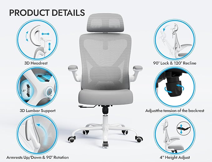 Ergonomic Office Chair: Mesh Desk Chair Comfy with Headrest& Lumbar Support | Ergalithic Big and Tall Office Chairs with Wheels & Flip-Up Arms-Computer Gaming Chairs for Adults Home Office Chairs(Grey) - Image 5