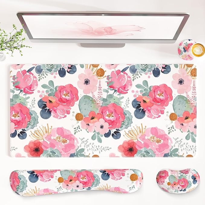 QIYI PU Leather Desk Mat Set, 4-in-1 Ergonomic Wrist Rest, Pink Flowers | Waterproof Large Mouse Pad 31.5×15.7 + Keyboard Wrist Rest + Mouse Wrist Support+Coaster, Non-Slip Office Gaming Accessories by QIYI