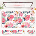 QIYI PU Leather Desk Mat Set, 4-in-1 Ergonomic Wrist Rest, Pink Flowers | Waterproof Large Mouse Pad 31.5×15.7 + Keyboard Wrist Rest + Mouse Wrist Support+Coaster, Non-Slip Office Gaming Accessories by QIYI