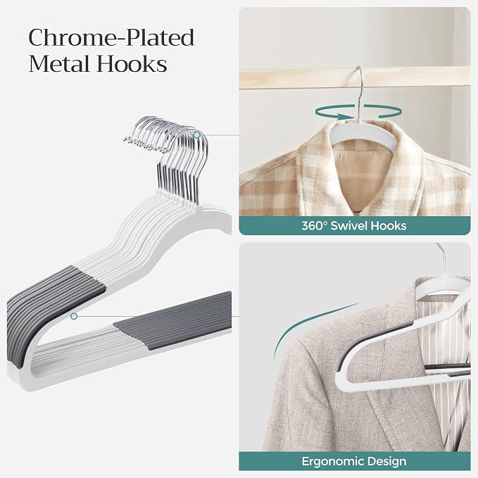 SONGMICS Plastic Clothes Hangers, Pack of 50, Space-Saving | 0.2 Inches Thick, 17.7 Inches Wide, 360° Swivel Hook, White and Dark Gray, BREANNA Collection UCRP050W50 - Image 5