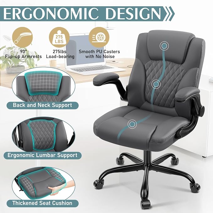Leather Office Chair, PU Home Computer Desk Chairs with Ergonomic Back Support, 360°Swivel Free，Small Gaming Chair with Wheels and Adjustable Armrests, for Short People Use - Image 6