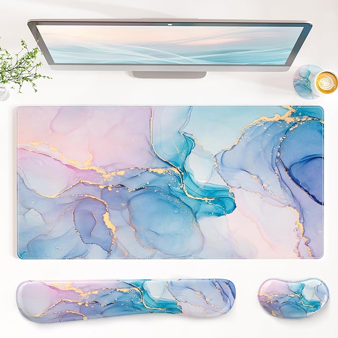 QIYI PU Leather Desk Mat Set, 4-in-1 Ergonomic Wrist Rest, Blue Pink Fluid | Waterproof Large Mouse Pad 31.5×15.7 + Keyboard Wrist Rest + Mouse Wrist Support+Coaster, Non-Slip Office Gaming Accessories by QIYI