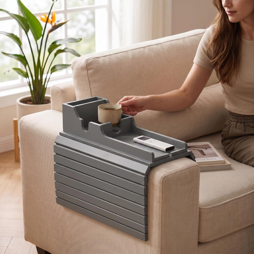 Grey Bamboo Couch Armrest Table, Over the Couch Arm Tray with Removable Couch Cup Holder, 2 in 1 Design Foldable Armchair Couch Caddy and Sofa Drink Cup Holder for Home Essentials Decor Hack - Image 7