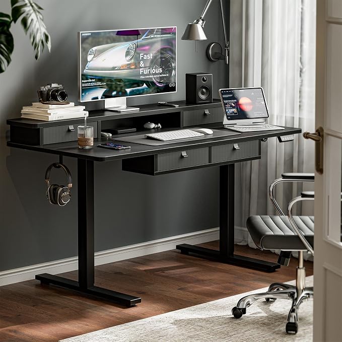 Grandder Electric Standing Desk with Four Drawers, Sit to Stand Up Height Adjustable Desk with Storage Shelf for Home Office, 55 * 28 Inch, Study, Ergonomic Adjustable Computer Desk, Black - Image 2