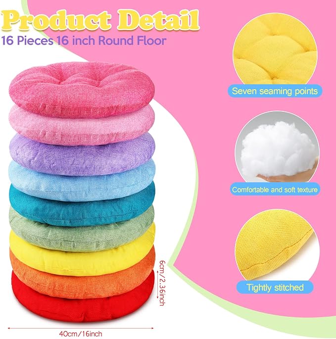 Fumete 16 Pcs Round Floor Cushions for Classroom Kids,Rainbow and Morandi | 16 Inch Diameter, Students Flexible Seating Pillows, Home Daycare School Reading Yoga Meditation, Soft Cushioned - Image 2