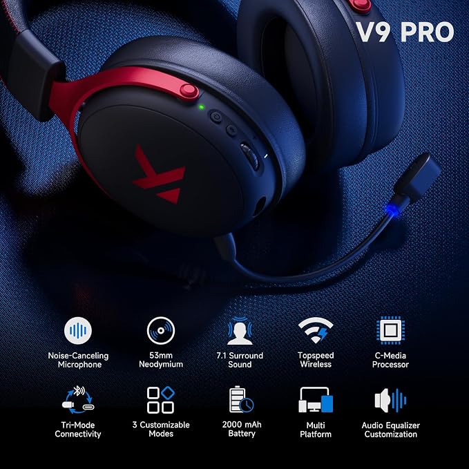 MCHOSE V9 PRO Wireless Gaming Headset 7.1 Surround Sound for PS5 PS4 PC SWITCH TOPSPEED Gaming Headphones, Noise Canceling Mic, 250Hr Battery, Low 15ms Latency, Lightweight, BT 5.3 FPS Games Black&Red - Image 4