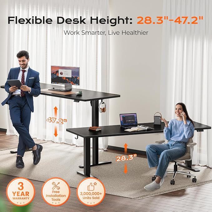 Huuger 78.7'' x 29.5'' Large Electric Standing Desk, Height Adjustable Computer Desk, 29.5" Deep Desktop, Stand up Gaming Office Desk with 2 Hooks, 3 Preset Heights, for Home Office, Black - Image 3