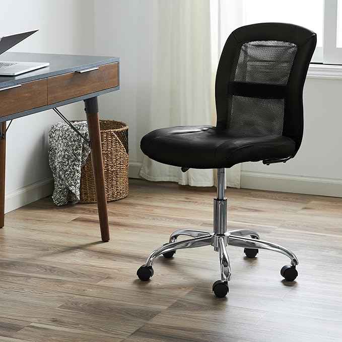 Serta Armless Small Home Desk Chair with Wheels, Ergonomic Mesh Back Chair | Essentials, Leather & Foam Cushion Seat, Adjustable Height, Small Vanity Chair for Bedroom, Small Spaces Desk Chair, Black - Image 2