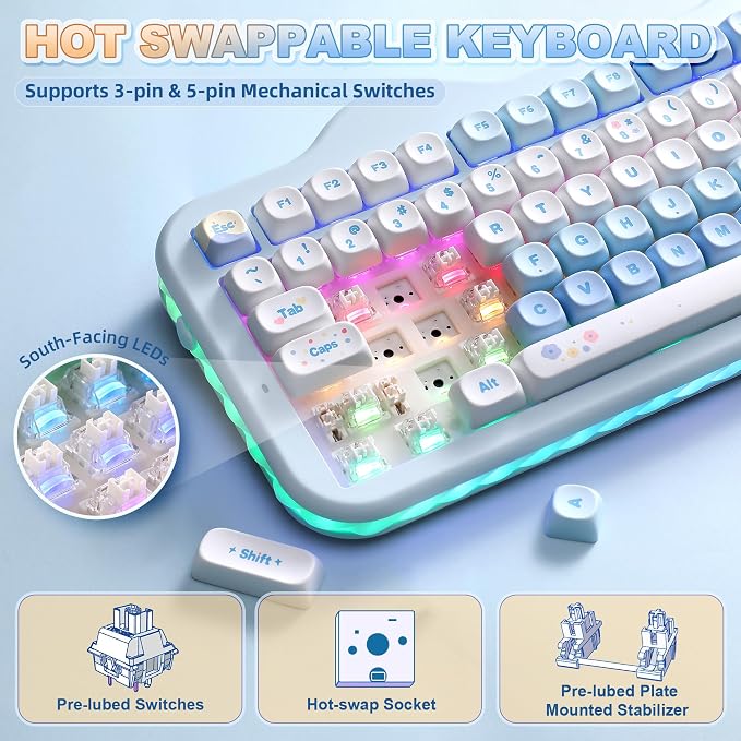 YUNZII C98 Cute Cake Wireless Mechanical Keyboard(Blue, Milk Switch) | 99 Keys with Number Pad, Hot Swap, PBT MOA Keycaps, BT5.0/2.4G/USB-C, Gasket Mount, Custom RGB Backlit for Win/Mac - Image 5