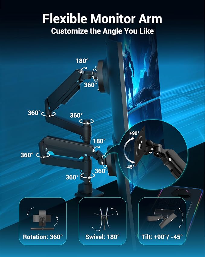 Ergounion Dual Monitor Arm for 13-49 Inch Ultrawide Screens, Heavy Duty Monitor Mount for 2 Monitors up to 44lbs, Full Motion Vertical Stacked Dual Monitor Arm Desk Mount, 75/100mm VESA Mount, Black - Image 4