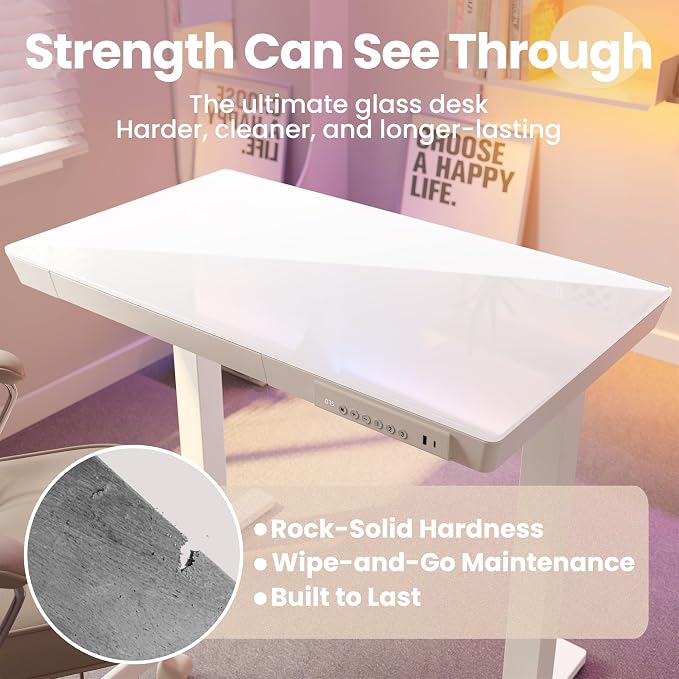 HUANUO Glass Standing Desk with Drawers, 40 X 24 Inch Electric Adjustable Height Desk, Quick Install One-Piece Tabletop with USB Charging Ports, White - Image 7