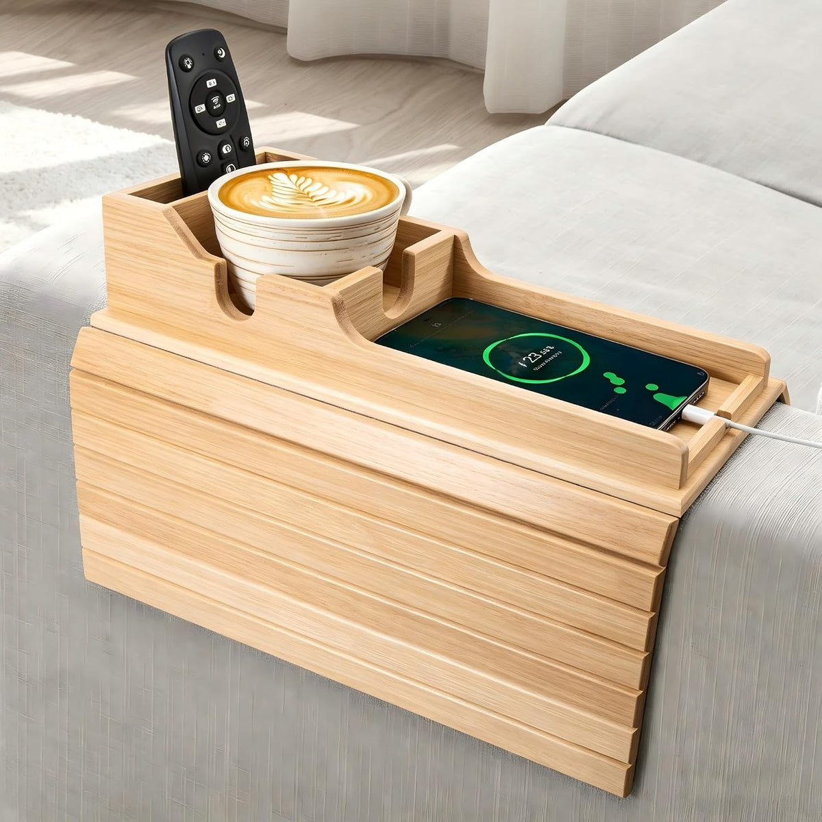 Yoshiky Bamboo Couch Armrest Table, Couch Arm Tray with Removable Couch Cup Holder, 2 in 1 Design Foldable Anti-Slip Bamboo Couch Tray and Sofa Cup Holder for Drink by Yoshiky