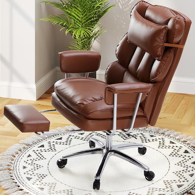 DUMOS Ergonomic Home Office Desk Chair, Executive Chair, PU Leather | Big Tall High Back, Lumbar Support, Reclining Height Adjustable, Computer Gaming, Footrest Swivel Wheels, Brown - Image 8