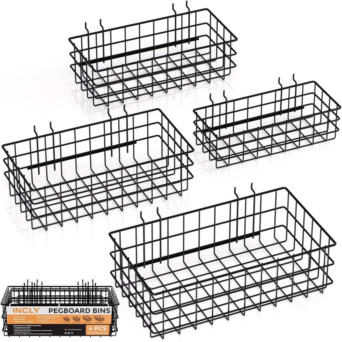 INCLY 4 Pack Pegboard Baskets Bins Set, Black Metal Pegboard Accessories by INCLY