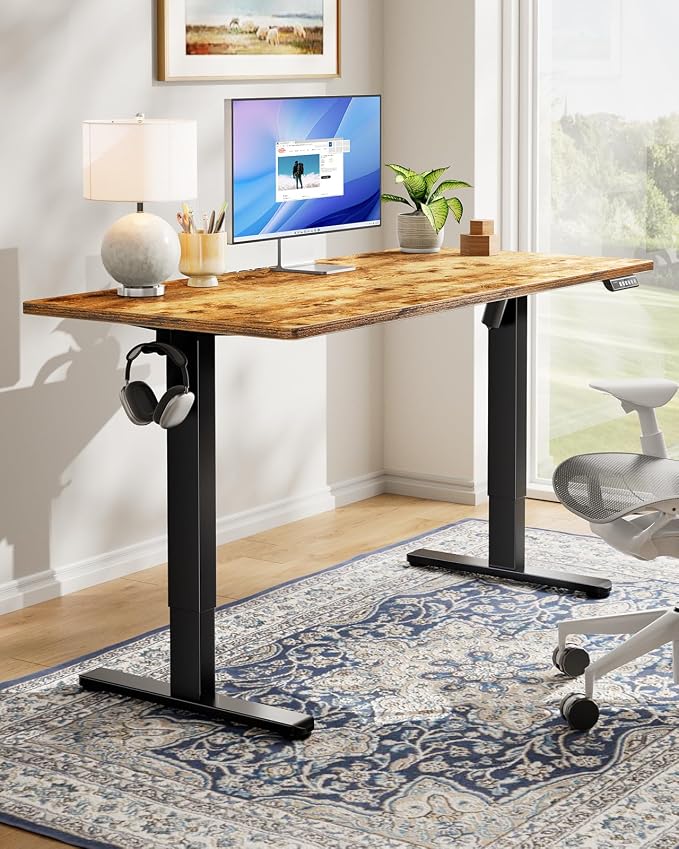 HUANUO Electric Standing Desk, Whole Piece Desktop, Adjustable Height Computer Desk, 4 Height Memory Settings, Sit Stand Up Desk for Home Office, 60" x 24", Vintage - Image 2