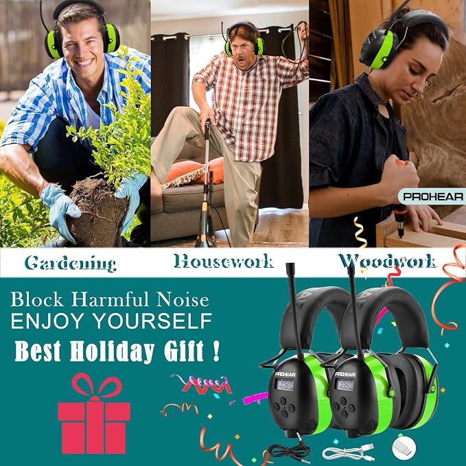 PROHEAR 033 2Pack Bluetooth 5.4 Hearing Protection AM FM Radio Headphones, Upgraded Noise Reduction Safety Earmuffs with Rechargeable 1500 mAH Battery, Ear Protector for Mowing Lawn Work, 2Green - Image 6