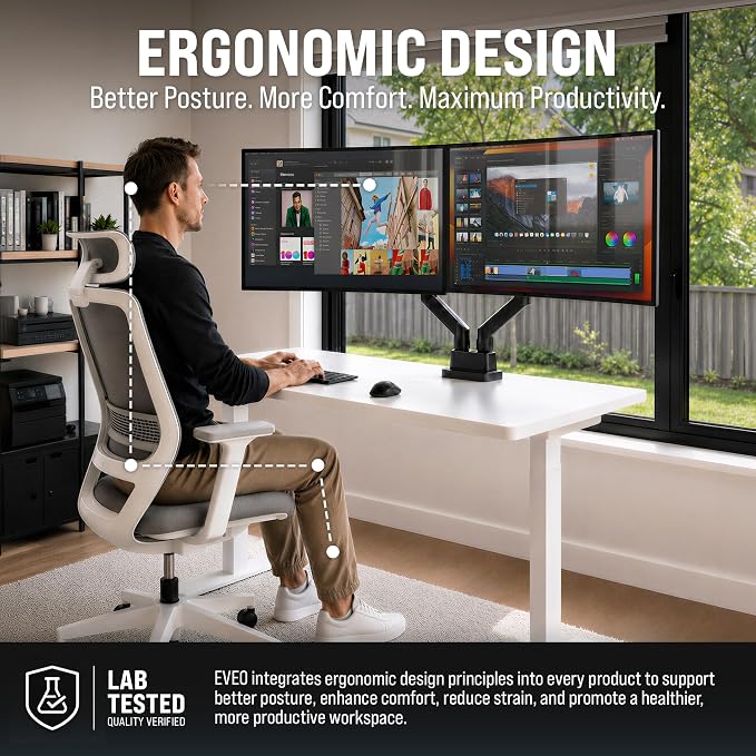 EVEO Premium Dual Monitor Mount 14"-32” Dual Monitor Arm VESA Bracket Adjustable Height Gas Spring Dual Monitor Stand, Screen Full Motion Dual Monitor Arm-Computer Monitor Stand for 2 Screens - Black - Image 4
