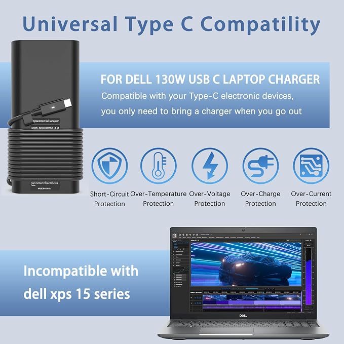 130W USB C Laptop Charger Compatible with Dell Xps 17,Precision 5550 5530 2in1,XPS 15 2in1 9575，Latitude 7410 7310 7210 9410 9510 5420 5520 5510 Power Supply Cord - Image 5