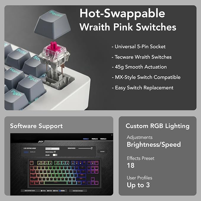 TECWARE Phantom+ Elite 87 Key RGB Mechanical Gaming Keyboard | 3 Mode Wireless Bluetooth 5.0 2.4GHz & USB C Wired | Hot Swappable 5 Pin | Double Shot PBT Keycaps | Wraith Pink Switch - White - Image 5