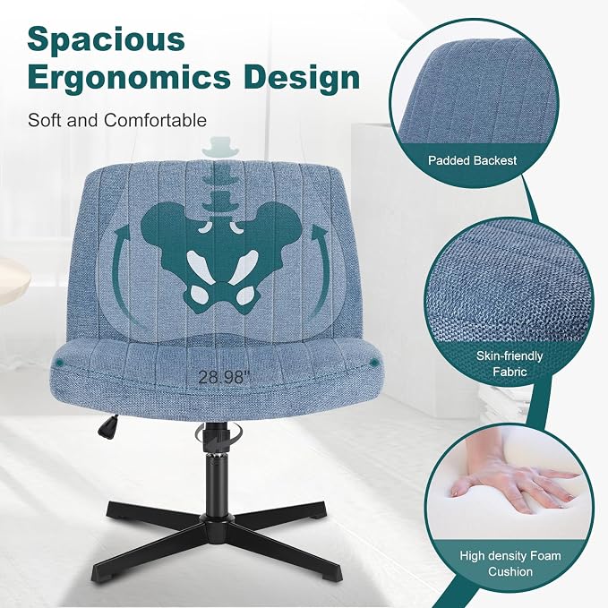 OLIXIS Criss Cross Chair, Vanity Chair, Home Office Desk | Height Adjustable, Comfy Fabric, Armless Wide Seating for Bedroom Student Study Room, Blue No Wheel - Image 4