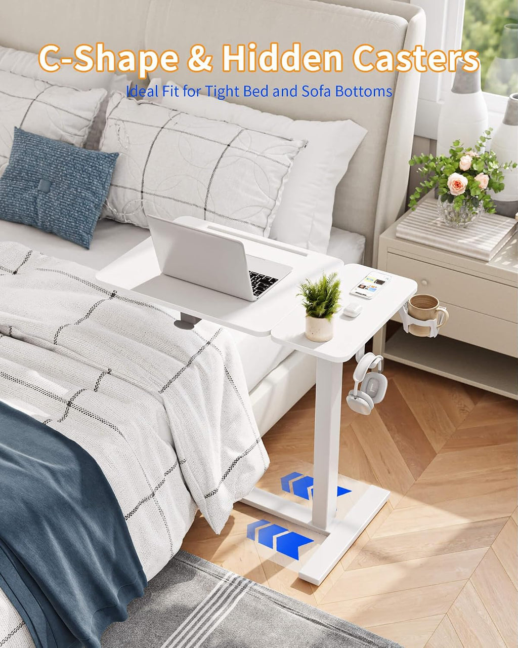 YIHAYO 28 x 16 Inches Electric Adjustable Overbed Bedside Table, White - Image 6