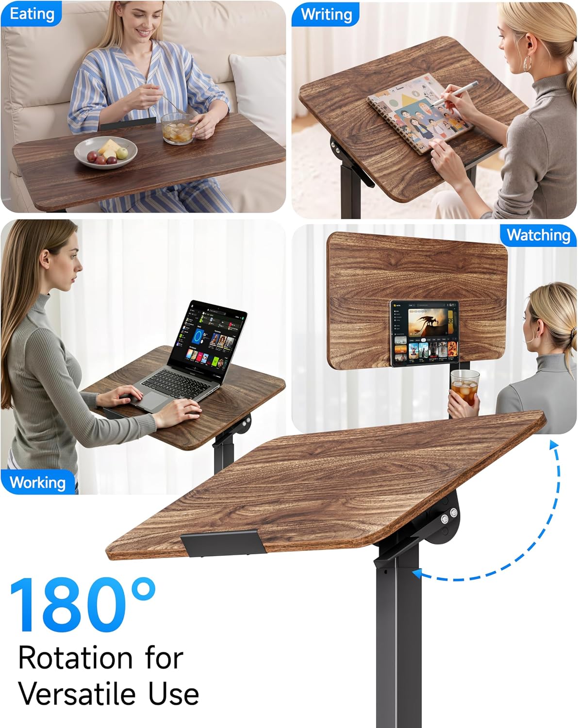 Mobile Standing Desk Laptop Desk Pneumatic with Wheels 180° Tilt Top Hospital Bed Table Portable Rolling Cart Foldable Bedside Table for Hospital&Home Use, Walnut - Image 8
