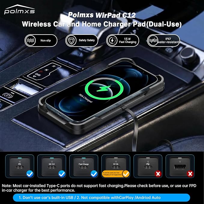 Wireless Charger Car Charging pad,Polmxs 15W Fast Wireless Phone Charger Cell Phone Cordless Charging mat Compatible with iPhone 11/12/12/14/15 Galaxy S21/S22/S23/24 (C12Y) - Image 2