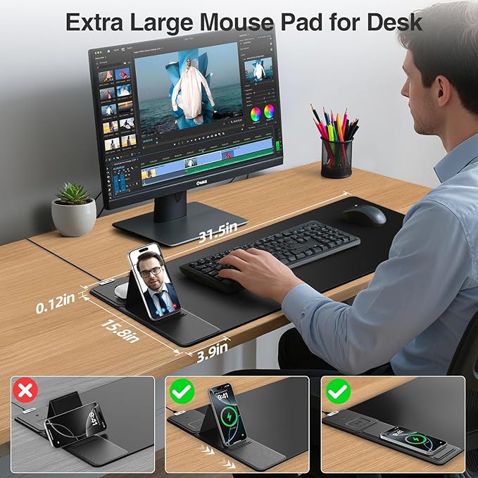 Wireless Charging Mouse Pad with Foldable Phone Holder, 31.5"x15.8", Black | Large Desk Mat for Laptop/Keyboard, Waterproof Ultra-Smooth Surface, Non-Slip Base - Image 3