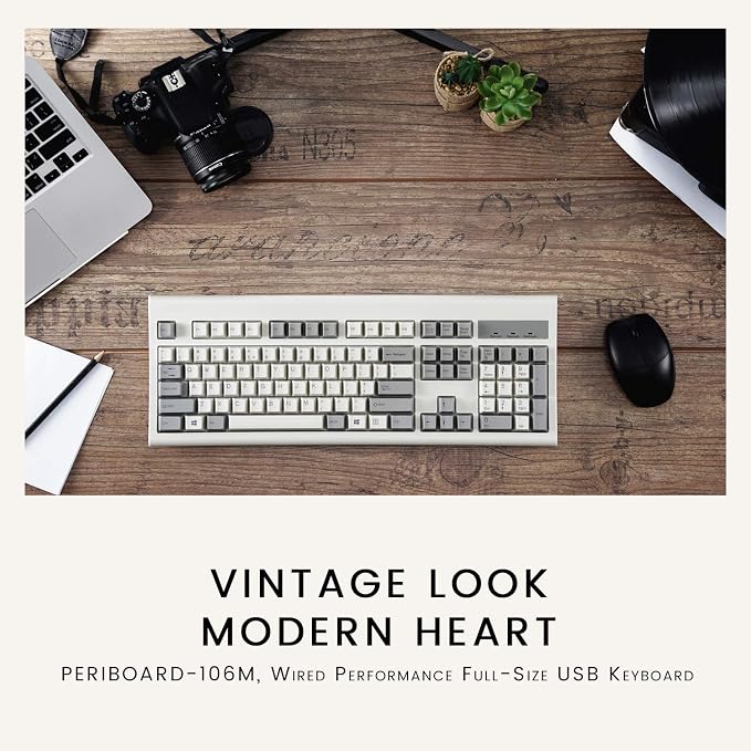 Perixx PERIBOARD-106M, Wired Performance Full-Size USB Keyboard, Curved Ergonomic Keys, Classic Retro Gray/White Color, US English Layout - Image 2