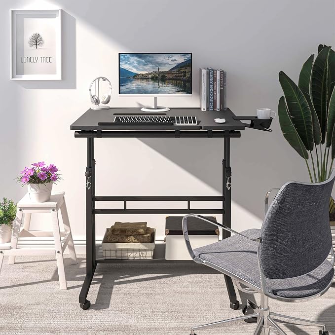 Mobile Standing Desk, Adjustable Rolling Computer Desk with 3 Desktops, Portable Laptop Table with Cup Holder, Home Office Laptop Workstation on Lockable Wheels, Black | Triple desktops, cup holder, lockable wheels, portable workstation, for home office - Image 9