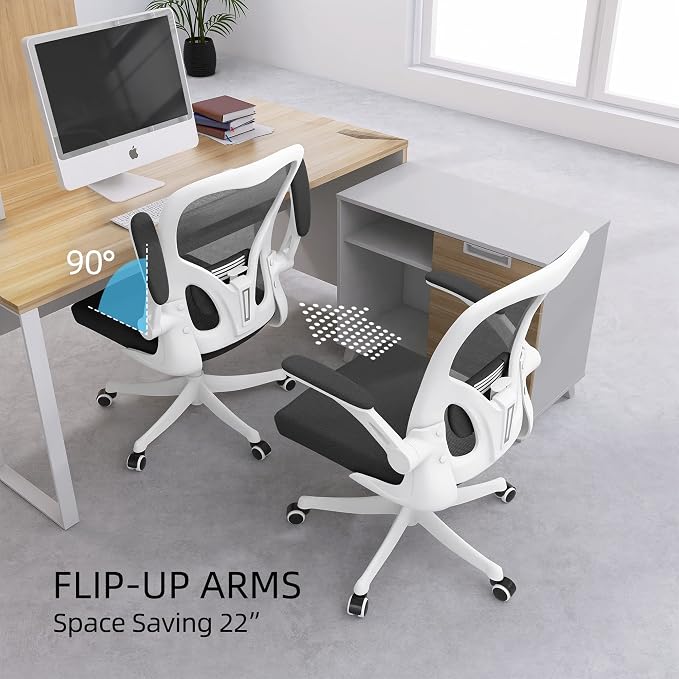 Monhey Office Chair - Ergonomic Office Chair with Lumbar Support & Flip Up Arms Home Office Desk Chairs Rockable High Back Swivel Computer Chair White Frame & Black Mesh Study Chair - Image 7