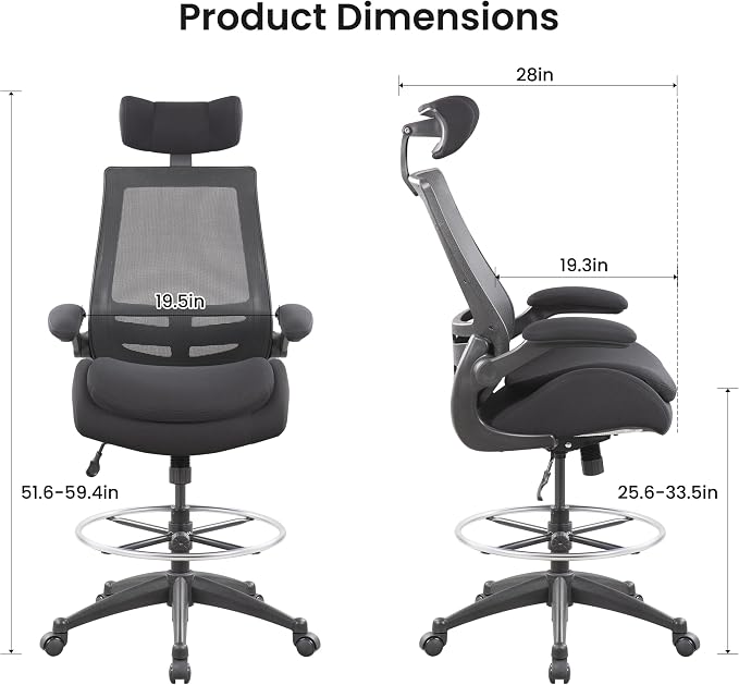 BOLISS Big and Tall Drafting Chair 400lbs High Back Dual Seat Cushion | Ergonomic Office Chair for Standing Desk, Double Thick Seat Cushion, Adjustable Foot Ring, Lumbar Support & Flip Up Armrests - Image 3