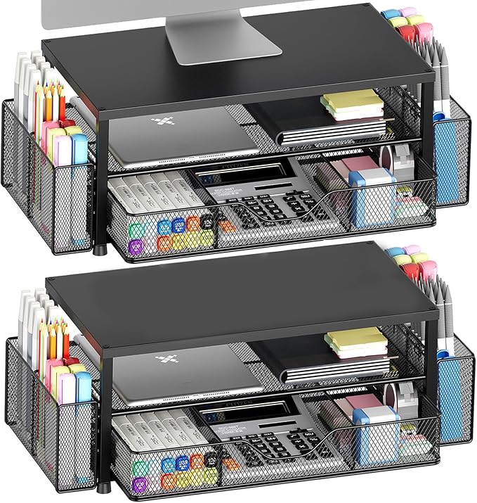 Desk Organizer and Accessories, 2-Tier Computer Monitor Stand Riser with Drawer and 2 Pen Holders, Laptop Stand, Office Desk Accessories for Office Supplies, 2 Pack, Black by OPNICE