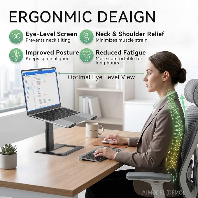 SOUNDANCE Adjustable Laptop Stand, Ergonomic Aluminum Riser for 10-17.3” Notebooks, Ventilated Metal Holder with Height Alignment for Desk Workspace, Black - Image 2
