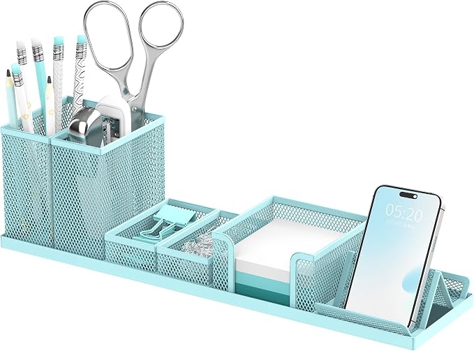 Pen Holder for Desk, 6-Piece Mesh Desk Organizer with Phone Holder, Blue | 6-Piece Black Mesh Desk Set Includes Pen Cups, a Sticky Note Caddy and Phone Holder for Office, School, Home by SUPEASY