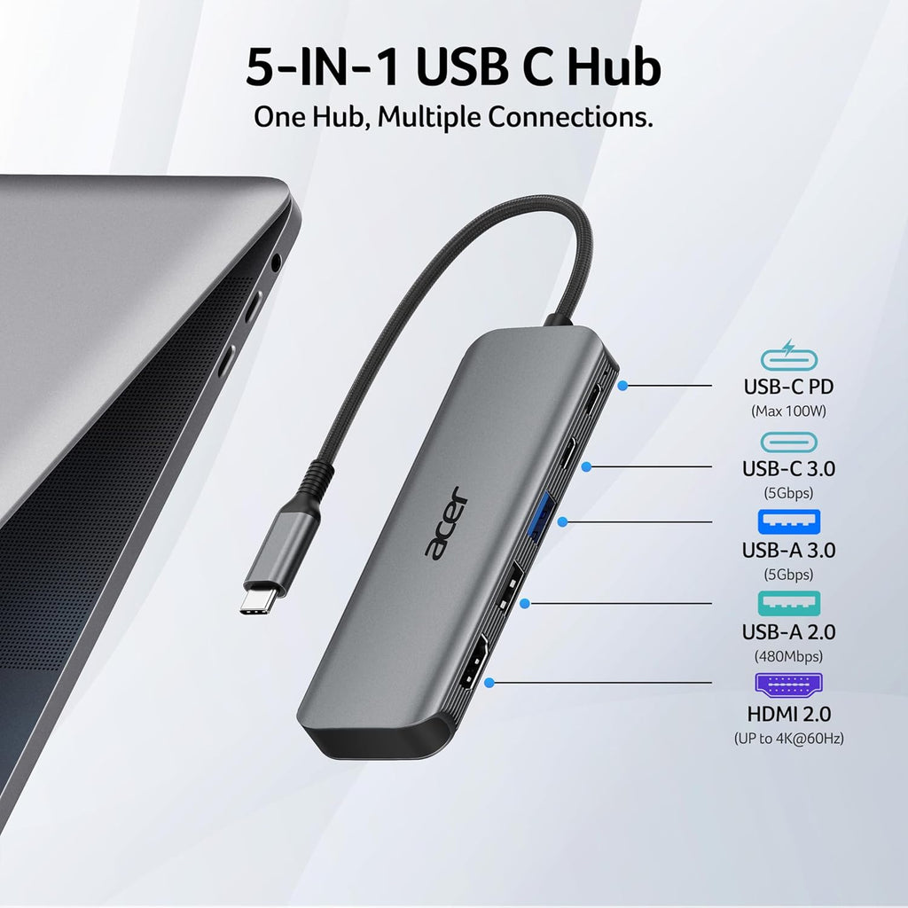 Acer USB C Hub, 5-in-1 USBC to HDMI Adapter with 4K@60Hz for Laptop/Mac - Image 2