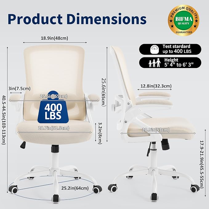 Ergonomic Office Chair Desk Chair with Adjustable Lumbar Support | Mesh Computer Chair Home Office Desk Chair with Flip-up Armrests Executive Task Chair Comfy Mesh Gaming Chair (Buff Beige) - Image 2
