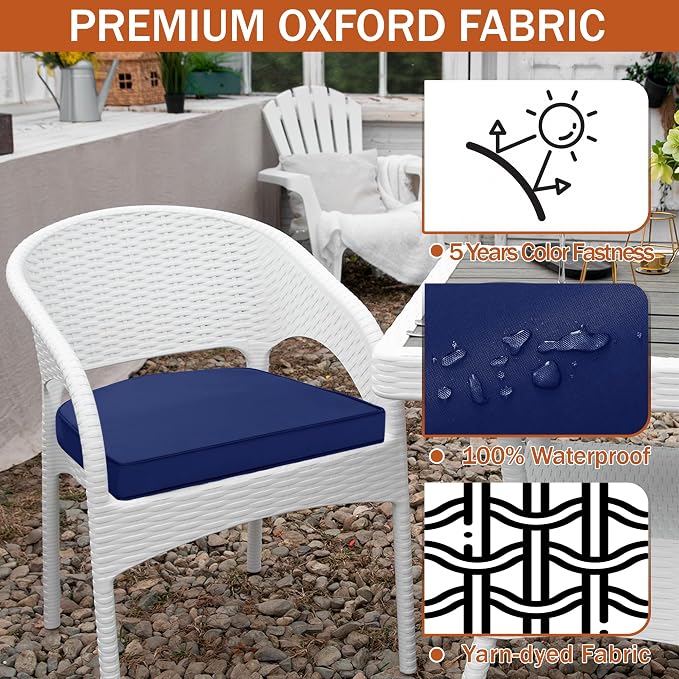 Outdoor Chair Cushions Set of 4, 17 x 16 Inch Waterproof Seat Pads | 3 Year Color Fastness Thick Patio Chair Cushion with Ties for Garden Lawn Sofa Couch, Navy Blue - Image 3