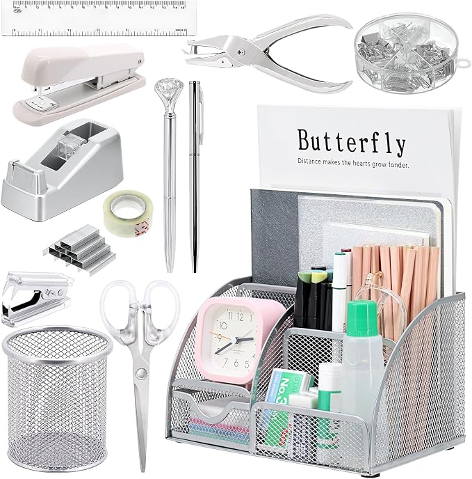 13-in-1 Office Desk Organizer Set for Back to School Supplies Accessories | Organizer Set with Stapler and Tape Dispenser, Pen Holder, Scissors, Ruler, Hole Punch, 2 Pens & More Desk Supplies by SYMDROMIA