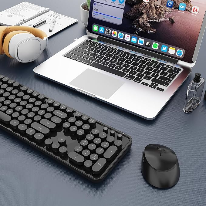 Wireless Keyboard and Mouse Combo, Ergonomic Full Size Typewriter Retro Round Keycaps Keyboard, Compatible with Windows, PC, Perfer for Home and Office Keyboards (Black - Image 8