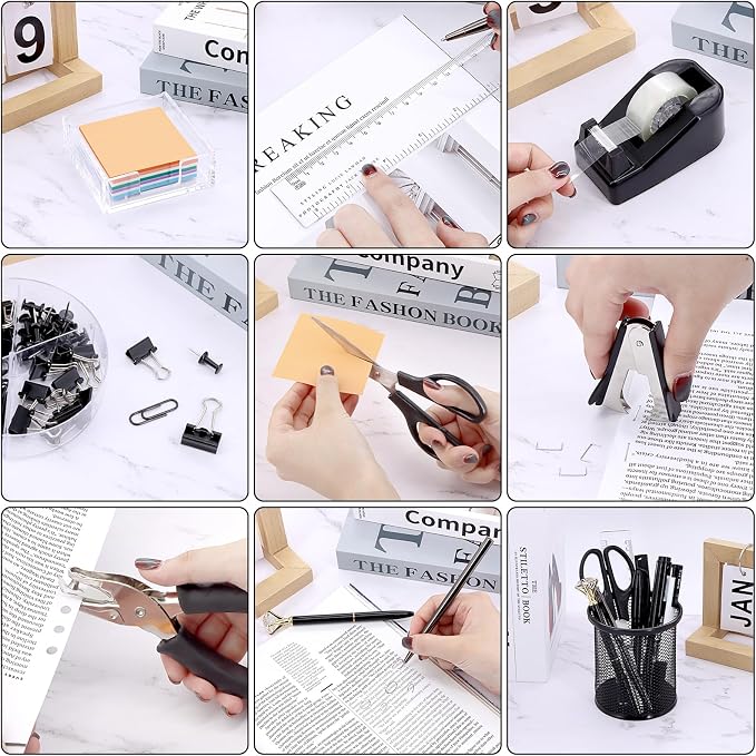 17 IN 1 Office Desk Organizer Set for Back to School Supplies Accessories | 3 Office Desk Storage Organization, 4 Pens, Stapler, Staples & Remover, Tape & Dispenser, Scissors, Ruler, Clips, Hole Punch - Image 5