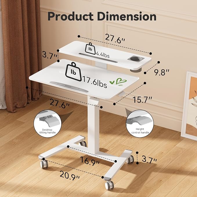 28" Glass Standing Desk, Tiltable Top with 2-Tier Shelves, White | Pneumatic Rolling Desk, Adjustable Height Mobile Computer Workstation, Portable Studio Drafting Table & Laptop Cart on Wheels - Image 2