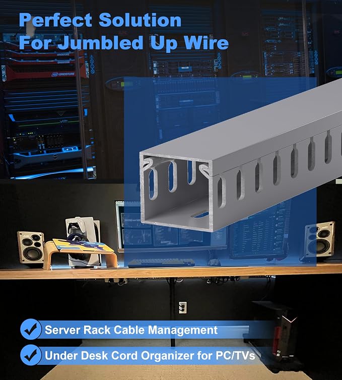 1.4"H x 1.6"W Cable Raceway, 99in Under Desk Wire Management Channel, Grey | Slotted Wire Duct, 6Pack, 16.5in Each, Heavy-Duty PVC Cable Management for Server Racks, Network Cables & Electrical Cabinets - Image 5