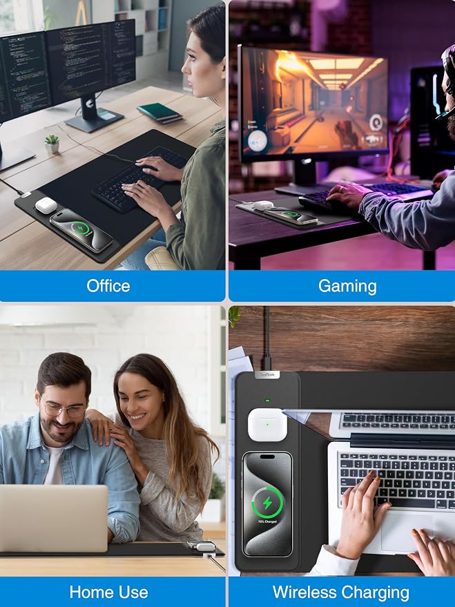 TopMade Mouse Pad with 15W Fast Wireless Charging, 31.5"x11.81" XL Large Gaming Mousepad, Waterproof Desk Pad, Classic Black Computer Desk Mat(Includes 20W PD Power Adapter & 6.56ft Woven Cable) - Image 8